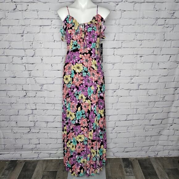 Lulus Black Multi Color Floral Print Maxi Dress, size Small - Picture 1 of 11